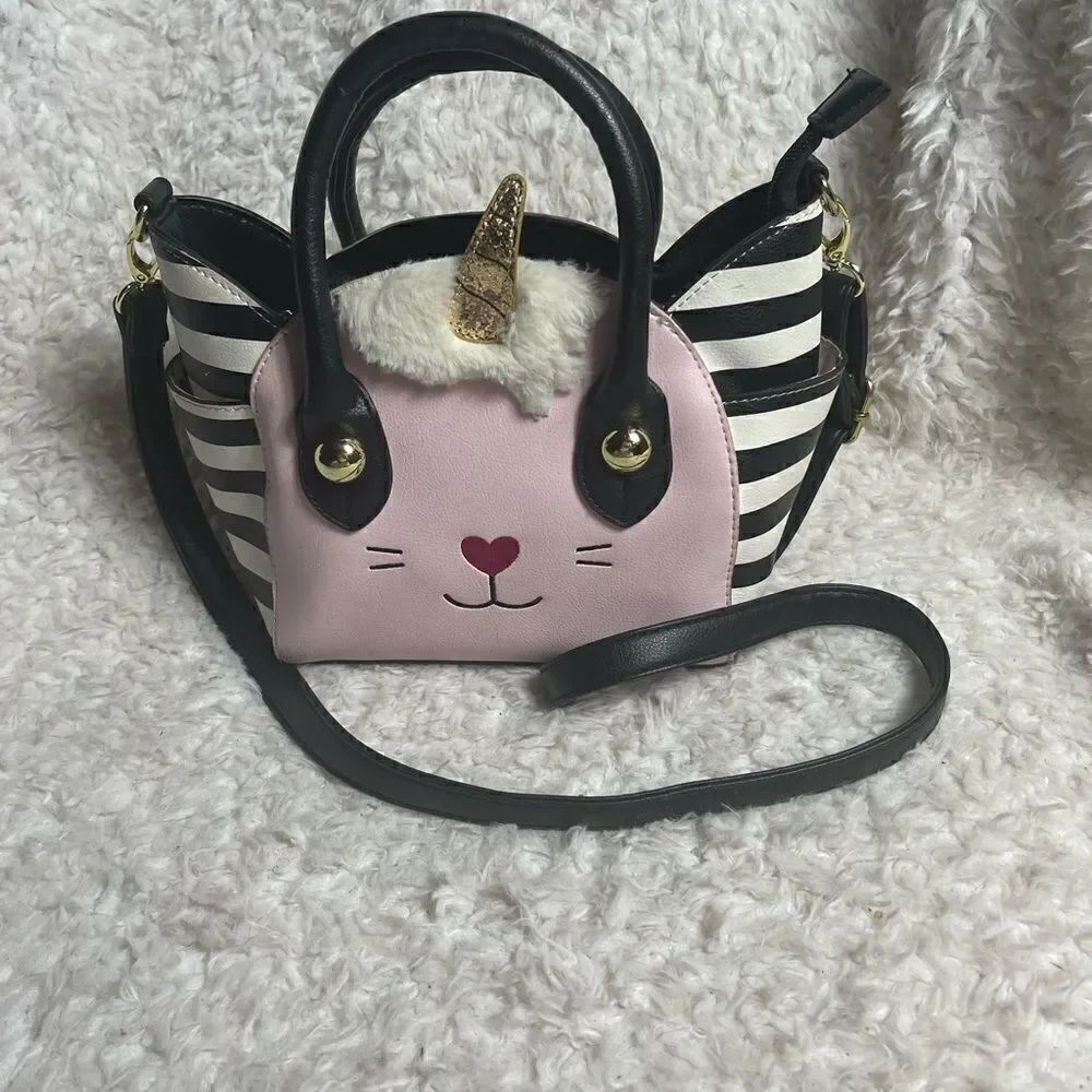 Betsey Johnson unicorn kitty small/crossbody bag pink,black & white stripes